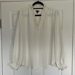 Ann Taylor White Puff Sleeve Blouse with Mandarin Collar
